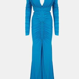 Alex Perry Dalton V Neck Long Sleeve Ruched Gown (Blue; Size 38)